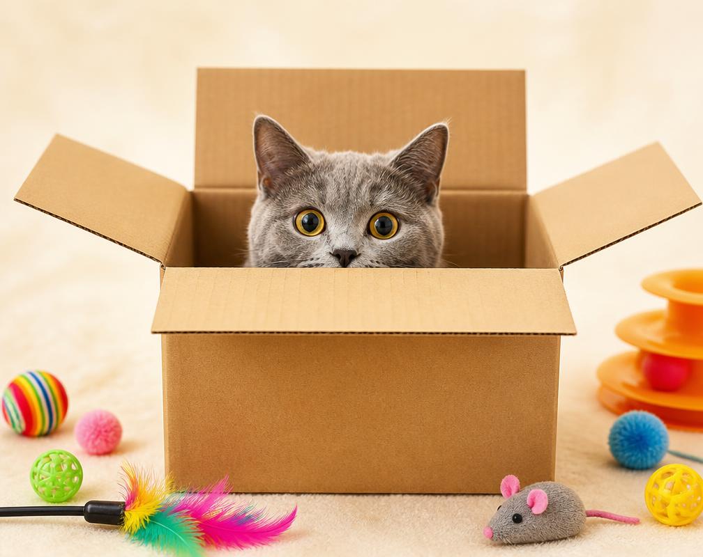Gato curioso asomado dentro de su caja PetziBox rodeado de juguetes