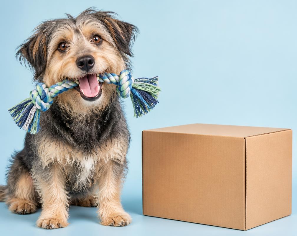 Perro feliz con un juguete de cuerda junto a su caja PetziBox