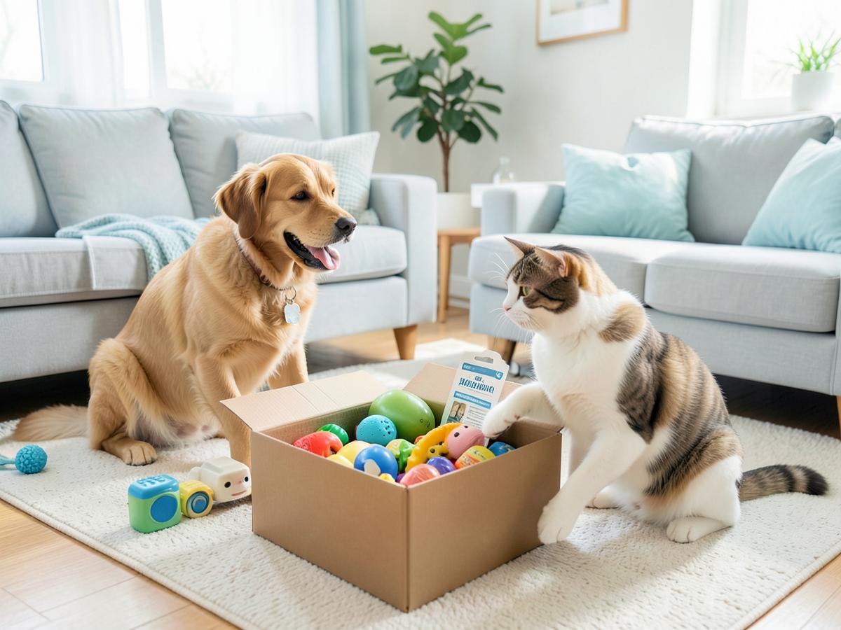 Perro y gato jugando junto a su caja PetziBox en casa
